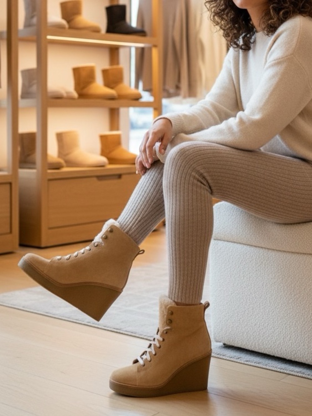 UGG Kiernan Sheepskin Platform 3.5” Wedge Heels Lace Up Boots Tan, 10